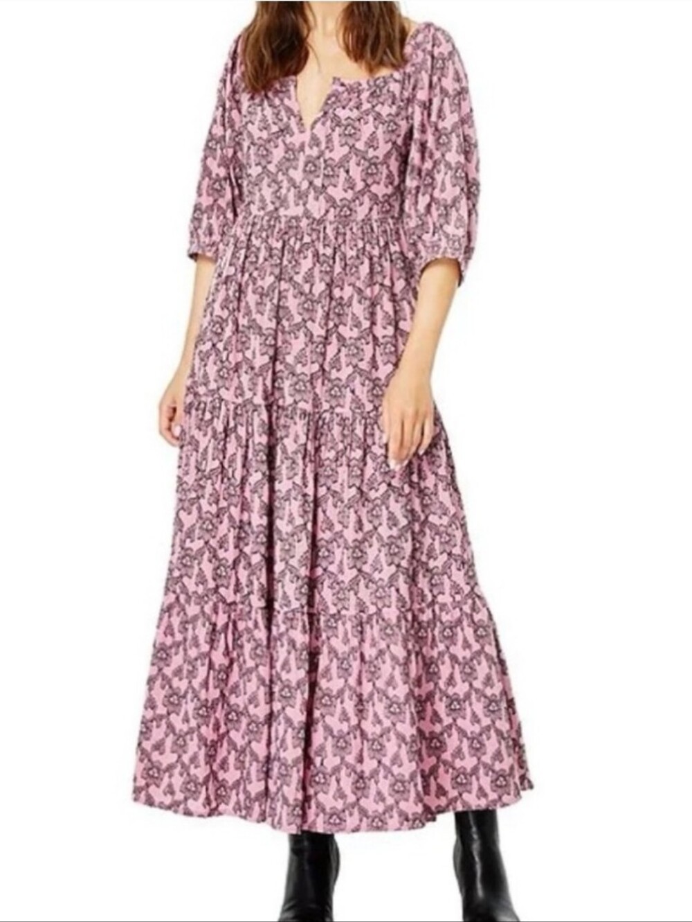 Roller Rabbit Pink Blockprint Midi Dress Cotton, Lined Women's XS